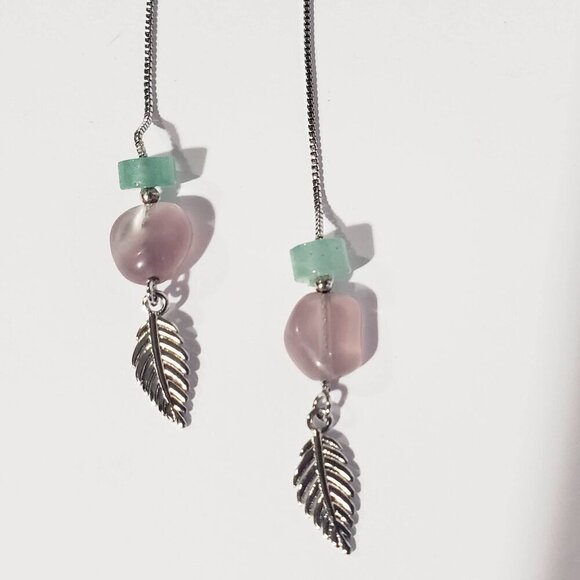 NEW JADE PINK QUARTZ THREADER EARRINGS LAVENDER PINK 3 INCH STERLING SILVER 925 - Picture 1 of 4